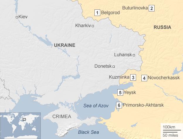 Map of Russia and Ukraine showing locations of military build-up