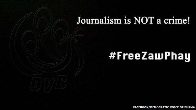 Democratic Voice of Burma's Facebook cover page reads "Journalism is not a crime! #FreeZawPhay"