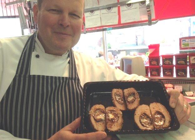 Butcher Graham Eyes with his Scotch Creme Eggs