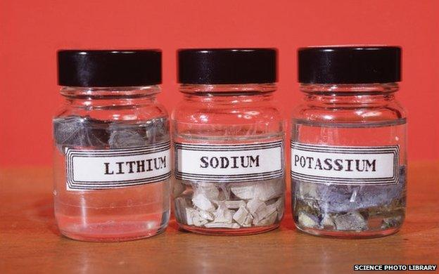 Lithium, sodium and potassium in containers