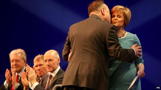 Alex Salmond greets Nicola Sturgeon ahead of her Aberdeen conference speech