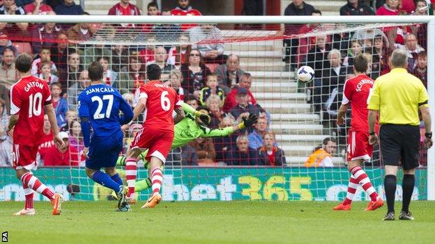 Cardiff defender Juan Cala watches on as his shot beats Southampton keeper Paulo Gazzaniga