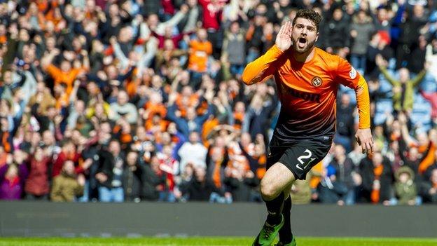 Nadir Ciftci celebrates Dundee United's third goal against Rangers