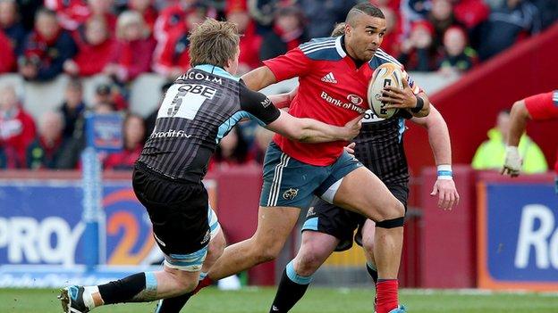 Glasgow lock Jonny Gray tackles Munster winger Simon Zebo