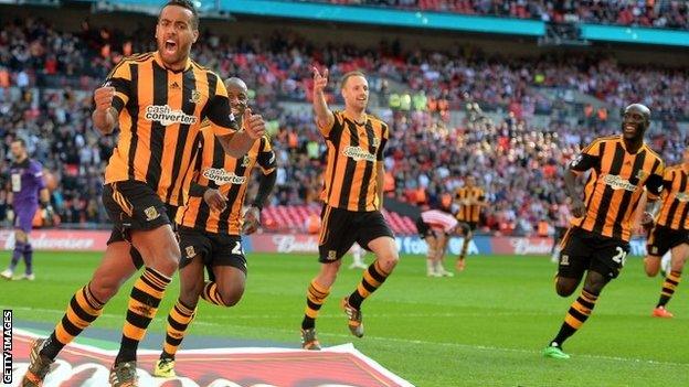 Tom Huddlestone celebrates Hull's third goal in their FA Cup semi-final win over Sheffield United