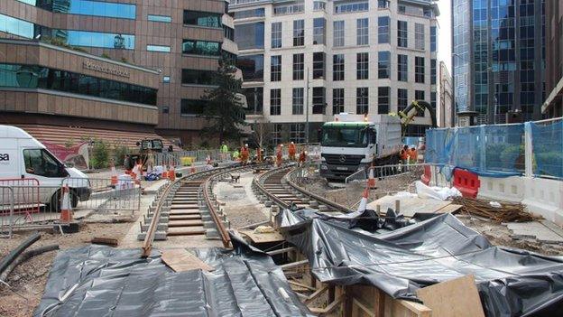 The tram works at Colmore Circus