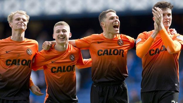 Gary Mackay-Steven, Ryan Gauld, John Rankin and John Souttar celebrate