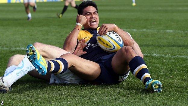 Worcester winger David Lemi celebrates the first of his two tries in Saturday's narrow home defeat by Exeter