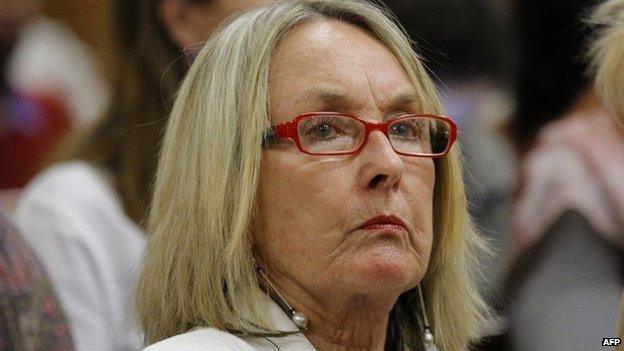 June Steenkamp, Reeva's mother, listens to Oscar Pistorius during his cross-examination - 14 April 2014