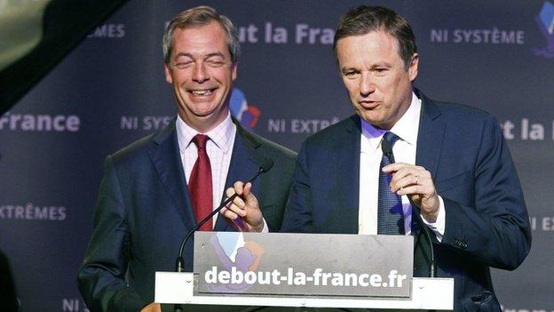 French conservative Debout La Republique party leader Nicolas Dupont-Aignan (right) with UK Independence Party (UKIP) leader Nigel Farage