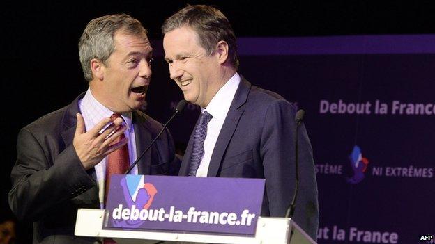 French conservative Debout La Republique party leader Nicolas Dupont-Aignan (right) with UK Independence Party (UKIP) leader Nigel Farage