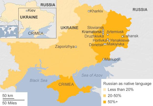 The map shows towns where pro-Russian activists have seized buildings in Ukraine