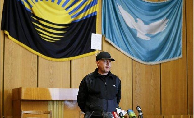 Vyacheslav Ponomaryov, who called himself the commander of the Sloviansk "self-defence" forces addresses the media at the Slaviansk mayor's office