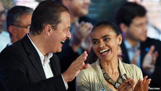 Eduardo Campos and Marina Silva during their candidacy pre-launch ceremony on April 14, 2014.