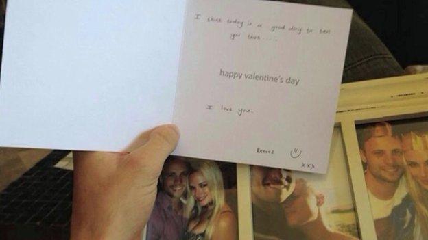 Screen grab of the Valentine's Day card Reeva Steenkamp had written for Oscar Pistorius