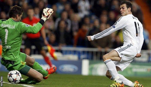 Real Madrid's Gareth Bale scores in the first leg of the Champions League quarter-final win over Borussia Dortmund