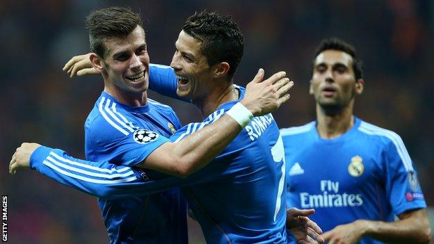 Gareth Bale celebrates with Cristano Ronaldo