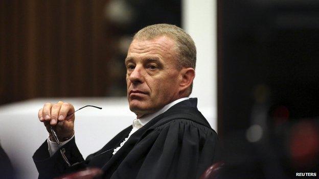 State prosecutor Gerrie Nel gestures as he cross-examines Oscar Pistorius during his trial at North Gauteng High Court in Pretoria, 15 April 2014