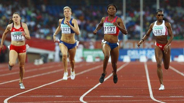 Cydonie Mothersill (centre, right) pictured winning the 200m Commonwealth Games final in Delhi ahead of (from left) Adrienne Power of Canada, Scotland's Lee McConnell and Joice Maduaka for England