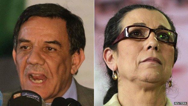 Leader of the Algerian National Front Moussa Touati (L) and Workers Party head Louisa Hanoune