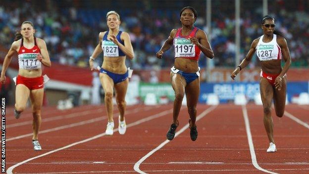 Cydonie Mothersill (centre, right) pictured winning the 200m Commonwealth Games final in Delhi ahead of (from left) Adrienne Power of Canada, Scotland's Lee McConnell and Joice Maduaka for England