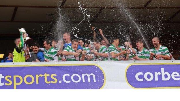 TNS players celebrate their eighth Welsh Premier title