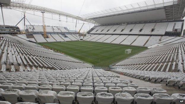 A general view of the still unfinished Itaquerao stadium in Sao Paulo, Brazil, on 15 April 2014.