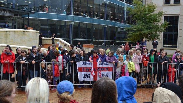 The royals would have felt at home to see the England flag on barrier set up for the Wellington walkabout