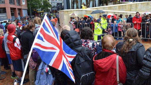 The union jack in Wellington's Civic Square before the royal walkabout started