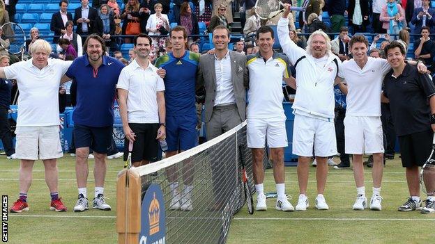 London Mayor Boris Johnson, Jonathan Ross, Jimmy Carr, Andy Murray, Ross Hutchins, Tim Henman, Sir Richard Branson, Eddie Redmayne and Michael McIntyre pose during the Rally Against Cancer charity match.