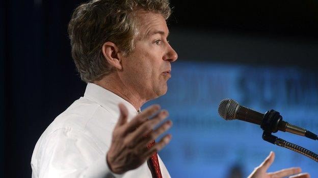 Senator Rand Paul speaks to an audience in New Hampshire on 12 April, 2014.