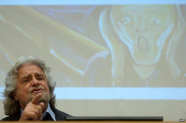 Beppe Grillo gives a press conference in Rome, 15 April