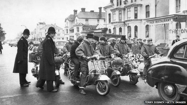 Police and mods in Clacton in 1964