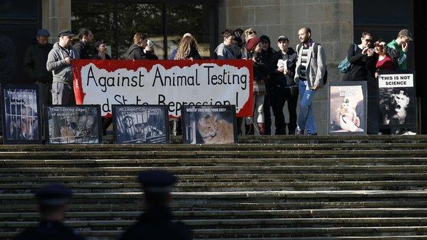 Animal rights activists gather on the steps outside Winchester Crown Court in support of Debbie Vincent