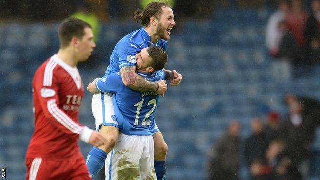 Stevie May celebrates after scoring in the Scottish Cup semi-final