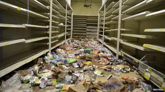 A view is seen inside a supermarket that was looted during a police strike in Salvador, Bahia state, April 17, 2014.