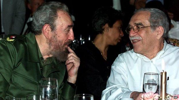 In this March 3, 2000 file photo, Cuba's Fidel Castro, left, and Gabriel Garcia Marquez speak during a dinner in Havana, Cuba.