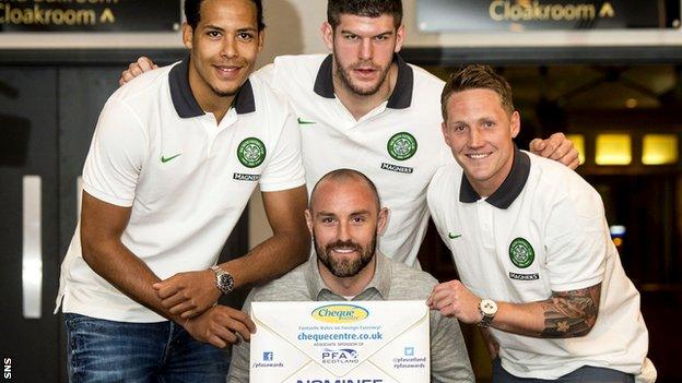 Virgil van Dijk, Fraser Forster and Kris Commons of Celtic with Kilmarnock's Kris Boyd