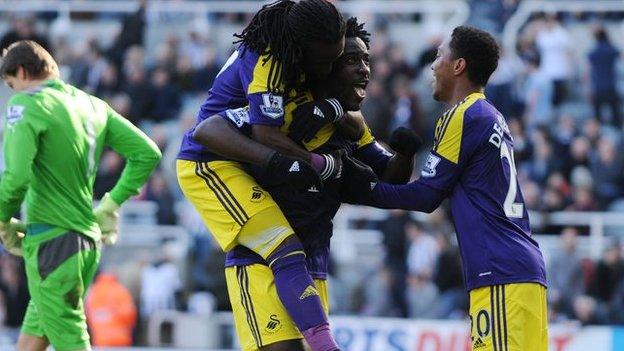 And Wilfried Bony was celebrating in the end with Marvin Emnes for company after the former sent in their winner from the penalty spot in Swansea's 2-1 triumph