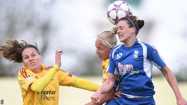 Birmingham City's Jade Moore competes with Tyreso's Lisa Dahlkvist and Caroline Seger