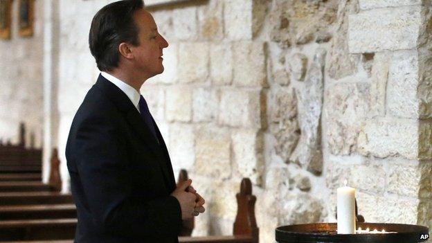 David Cameron visits the Church of the Nativity in the West Bank town of Bethlehem on 13 March 2014