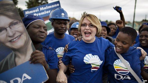 Democratic Alliance (DA) leader Helen Zille shouts political slogans while she leads a march of supporters through the streets of the Jabulani district of Soweto April 12, 2014.