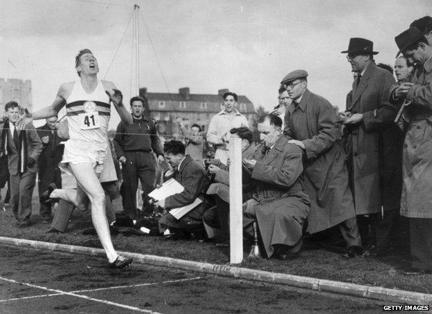 Roger Bannister about to cross the tape at the end of his record breaking mile run at Iffley Road, Oxford