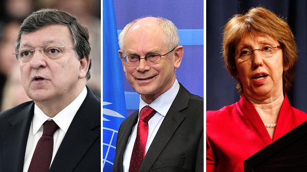 EU Commission President Jose Manuel Barroso, European Council President Herman Van Rompuy, EU High Representative Catherine Ashton