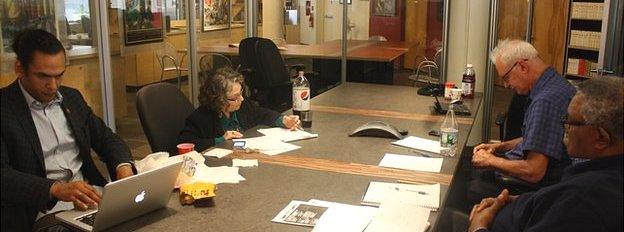 Board meeting of US Communist Party, 17 April, 2014. Left to right: Estevan Nembhard, Esther Moroze, Sam Webb, Jarvis Tyner