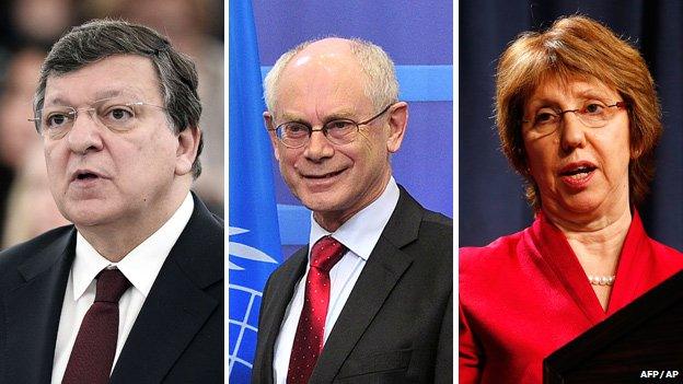 EU Commission President Jose Manuel Barroso, European Council President Herman Van Rompuy, EU High Representative Catherine Ashton