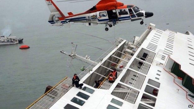 Screen grab from video taken on 16 April 2014 shows passengers on top of listing ferry