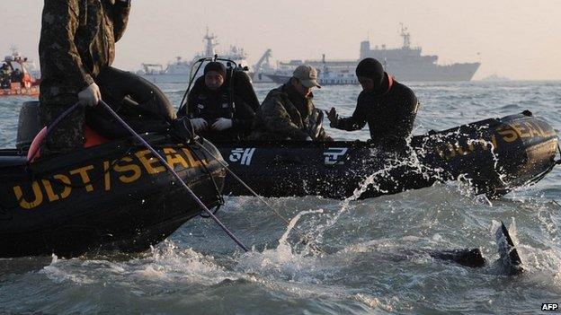 South Korean divers take part in recovery operations at the site of the sunken ferry off the coast of the island of Jindo - 23 April 2014