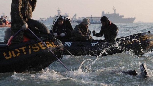 South Korean divers take part in recovery operations at the site of the sunken ferry off the coast of the island of Jindo - 23 April 2014