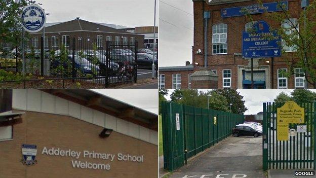 Park View Academy, Saltley School, Regents Park Community Primary and Adderley Primary School (clockwise from top left)